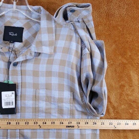 RAILS Shirt Mens Medium Tan Blue Check Button Up Pocket WYATT Denim Paper Bag - Picture 7 of 9